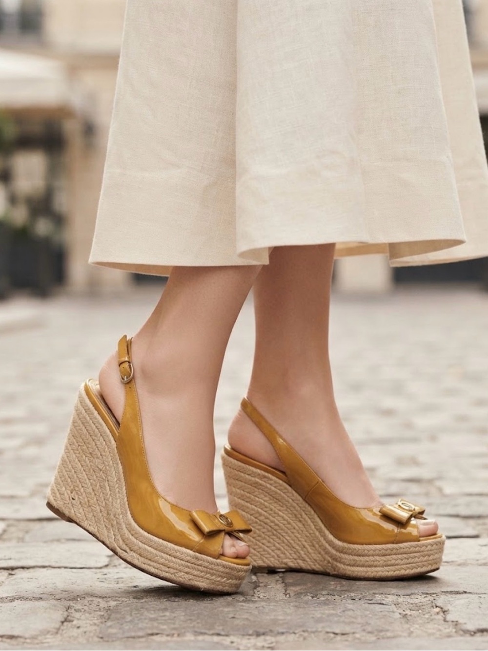 Women’s Glossy Mustard Slingback Espadrille Wedge Sandals